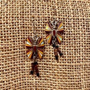Earthy Native American Opal Jasper Heishi Bead Butterfly Sterling Earrings 🦋